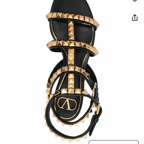 Valentino Shoes - Valentino Black Leather Sandal with Gold Pyramid Studs and Ankle Strap
